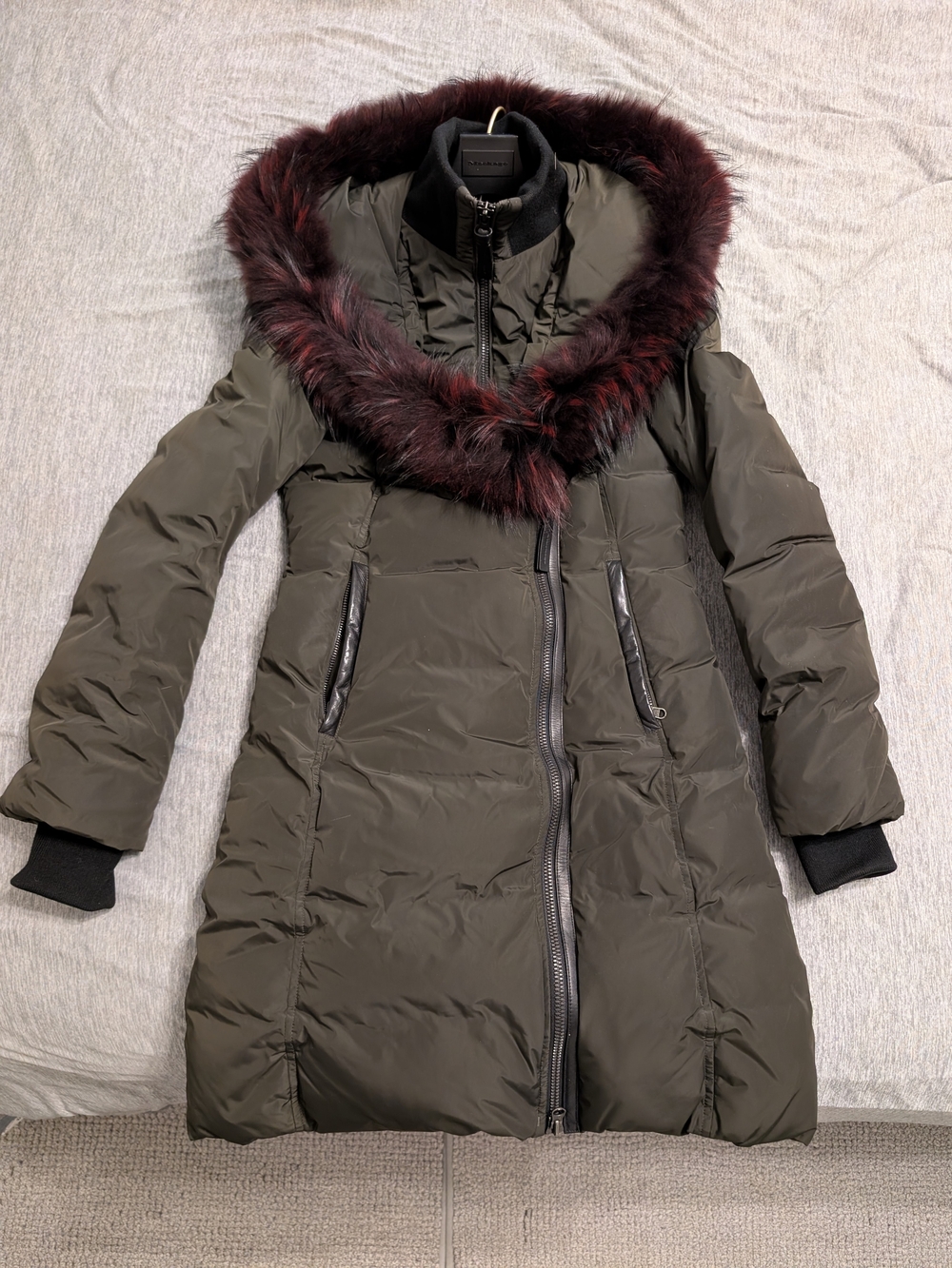 Mackage Adali Down Coat in Olive Army Green with Burgundy Fur Hood
